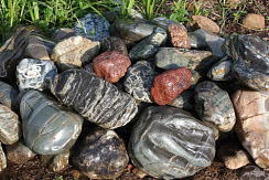 Kamenclub.ru: Ландшафтные валунчики фр.100-500 мм.  купить в Ижевске крупный природный камень серый, темно-серый, светло-серый речной валун крупный 4800 руб/т   фото КАМЕНЬ КЛУБ