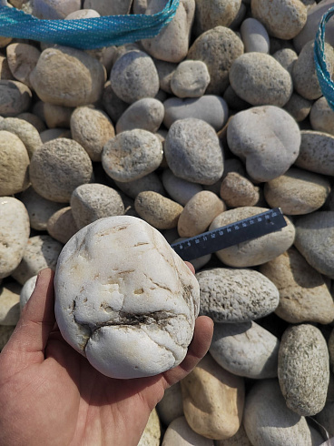 Kamenclub.ru: Галька речная окат (серо-белая) фр. 70-120 мм купить  в Ижевске галька галечник бело-серая, серо-белая, серая, белая речная природная галька  8000 руб/т   фото КАМЕНЬ КЛУБ