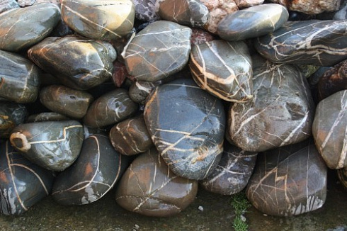 Kamenclub.ru: Валунчик Паутинник фр.100-300 мм  купить в Ижевске крупный природный камень галечник темно-серый с прожилками белый черный речной валунчик 5000 руб/т   фото КАМЕНЬ КЛУБ