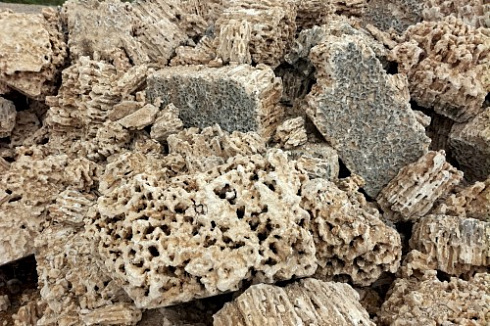 Kamenclub.ru: Крымский природный меотис фр. 100-500 мм.  купить в Ижевске меотис бежевый рыжий молочный желтый ракушечник 4 500 руб/т   фото КАМЕНЬ КЛУБ